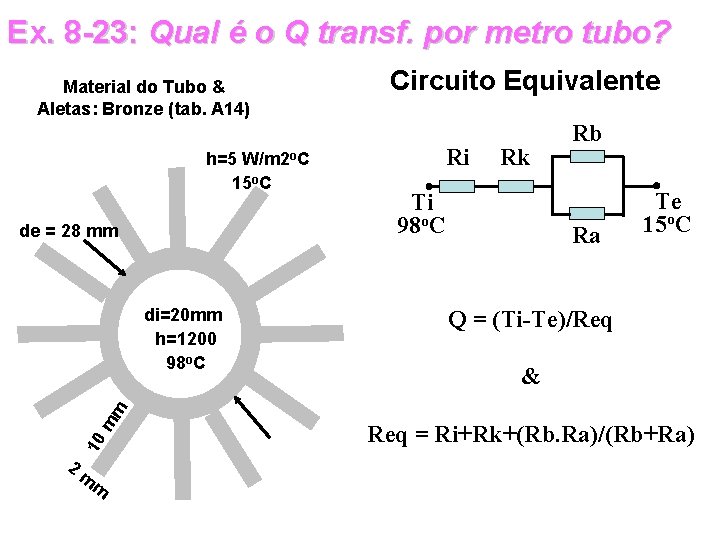 Ex. 8 -23: Qual é o Q transf. por metro tubo? Material do Tubo