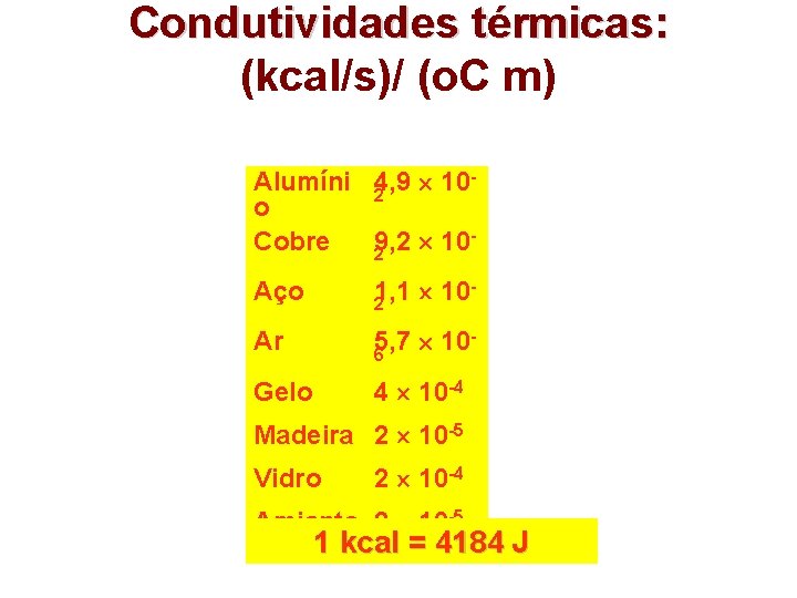 Condutividades térmicas: (kcal/s)/ (o. C m) Alumíni 4, 9 ´ 10 2 o Cobre