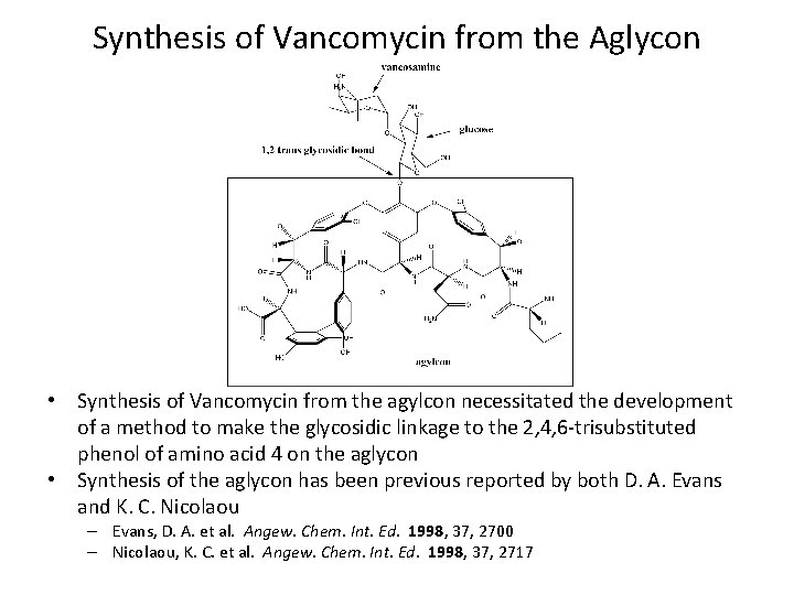 Synthesis of Vancomycin from the Aglycon • Synthesis of Vancomycin from the agylcon necessitated