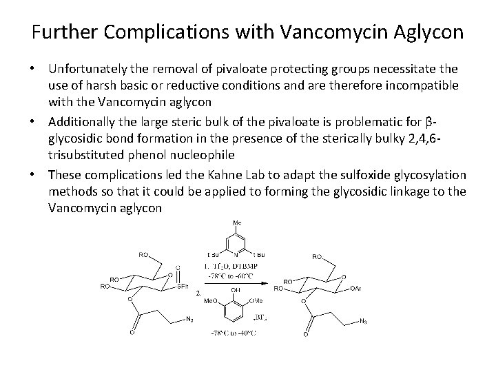 Further Complications with Vancomycin Aglycon • Unfortunately the removal of pivaloate protecting groups necessitate