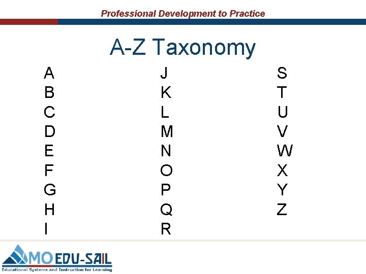 Professional Development to Practice A-Z Taxonomy A B C D E F G H