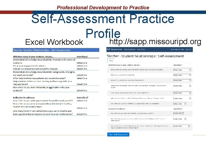 Professional Development to Practice Self-Assessment Practice Profile http: //sapp. missouripd. org Excel Workbook 
