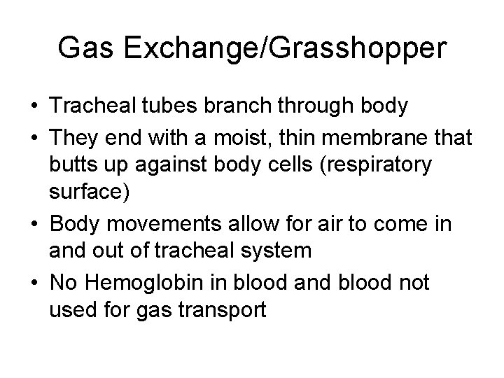 Gas Exchange/Grasshopper • Tracheal tubes branch through body • They end with a moist,