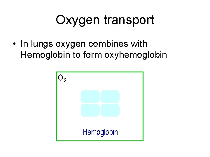 Oxygen transport • In lungs oxygen combines with Hemoglobin to form oxyhemoglobin 