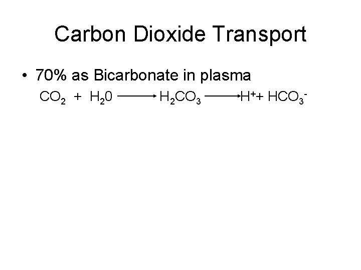 Carbon Dioxide Transport • 70% as Bicarbonate in plasma CO 2 + H 20