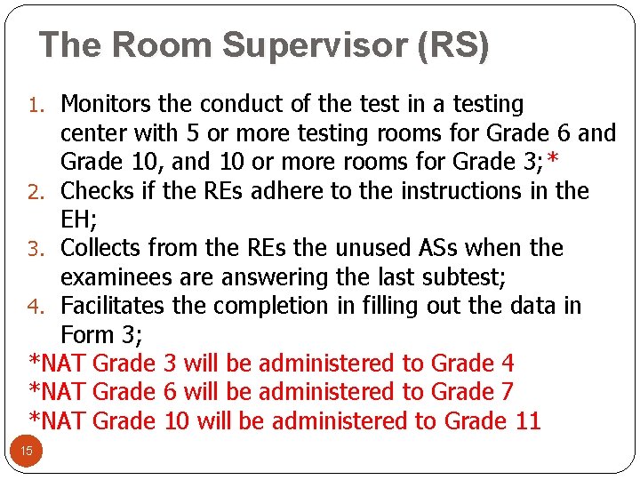 The Room Supervisor (RS) 1. Monitors the conduct of the test in a testing