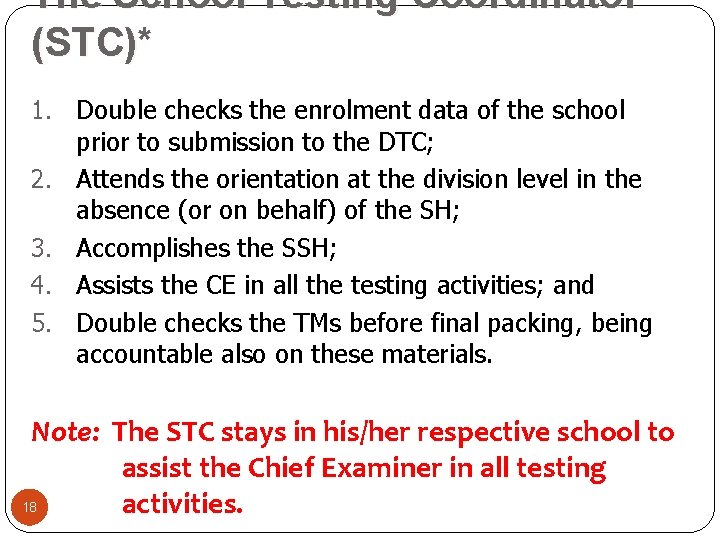 The School Testing Coordinator (STC)* 1. Double checks the enrolment data of the school