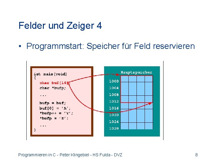 Felder und Zeiger 4 • Programmstart: Speicher für Feld reservieren Programmieren in C -