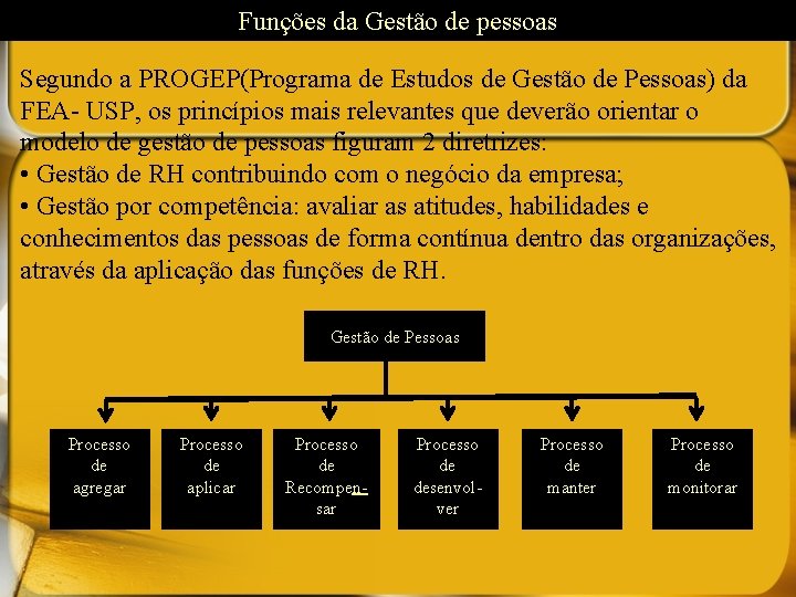 Funções da Gestão de pessoas Segundo a PROGEP(Programa de Estudos de Gestão de Pessoas)