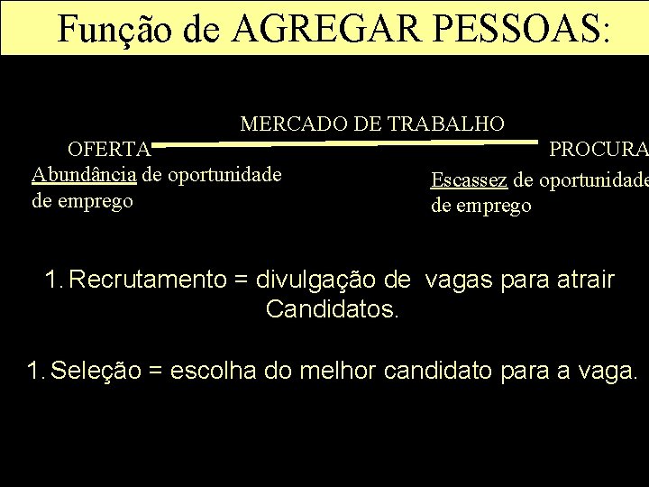 Função de AGREGAR PESSOAS: MERCADO DE TRABALHO OFERTA Abundância de oportunidade de emprego PROCURA