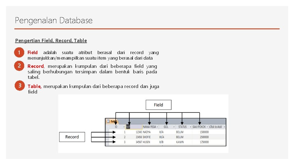 Pengenalan Database Pengertian Field, Record, Table 1 Field adalah suatu atribut berasal dari record