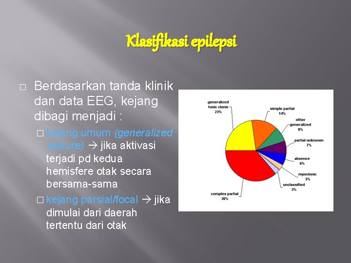 Klasifikasi epilepsi � Berdasarkan tanda klinik dan data EEG, kejang dibagi menjadi : �