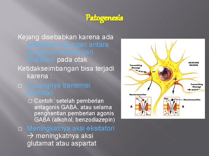 Patogenesis Kejang disebabkan karena ada ketidakseimbangan antara pengaruh inhibisi dan eksitatori pada otak Ketidakseimbangan