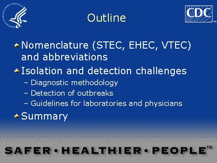 Outline Nomenclature (STEC, EHEC, VTEC) and abbreviations Isolation and detection challenges – Diagnostic methodology Outline Nomenclature (STEC, EHEC, VTEC) and abbreviations Isolation and detection challenges – Diagnostic methodology