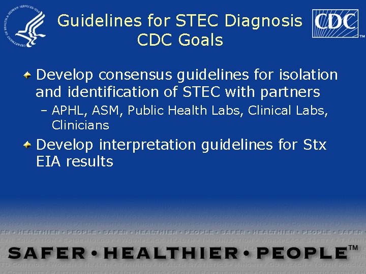 Guidelines for STEC Diagnosis CDC Goals Develop consensus guidelines for isolation and identification of Guidelines for STEC Diagnosis CDC Goals Develop consensus guidelines for isolation and identification of