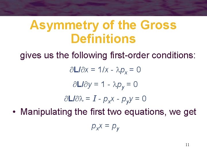 Asymmetry of the Gross Definitions gives us the following first-order conditions: L/ x =