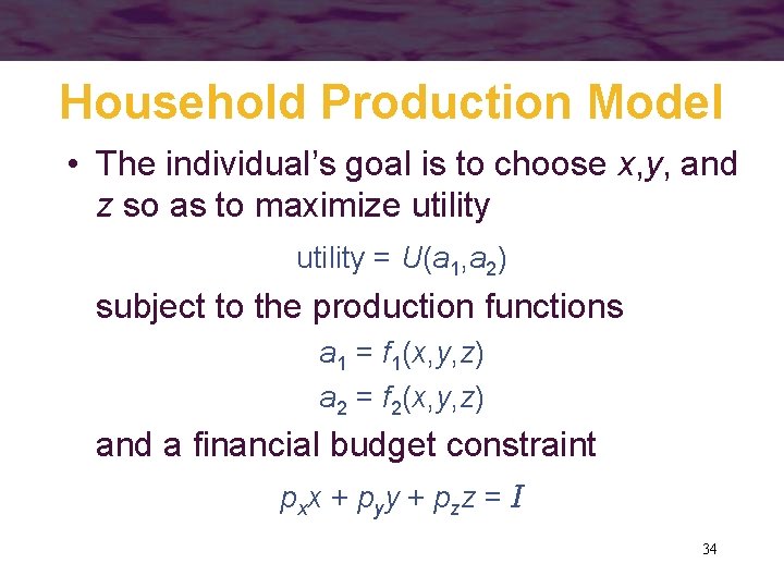 Household Production Model • The individual’s goal is to choose x, y, and z