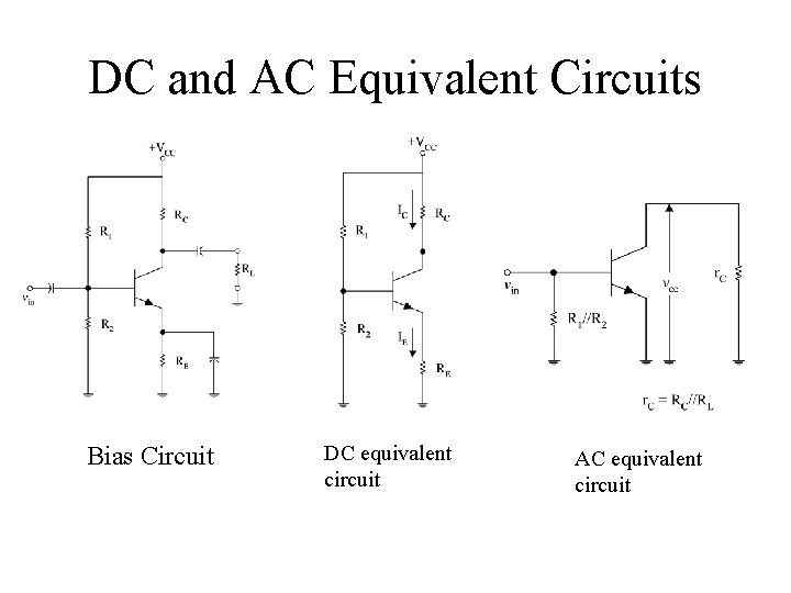 DC and AC Equivalent Circuits Bias Circuit DC equivalent circuit AC equivalent circuit 