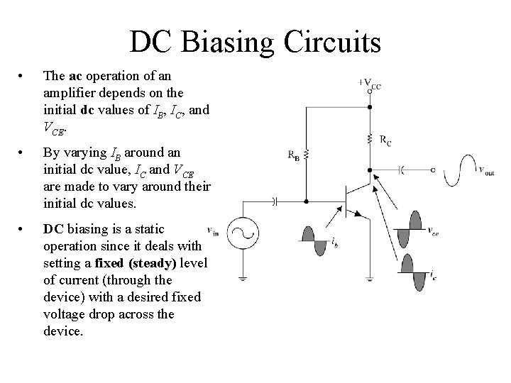 DC Biasing Circuits • The ac operation of an amplifier depends on the initial