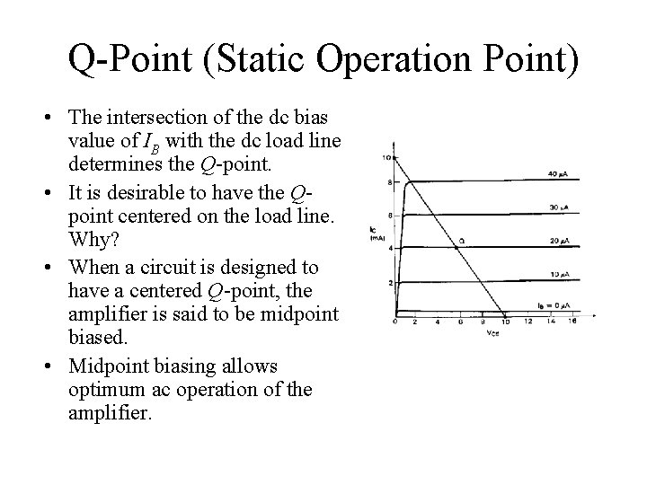 Q Point (Static Operation Point) • The intersection of the dc bias value of
