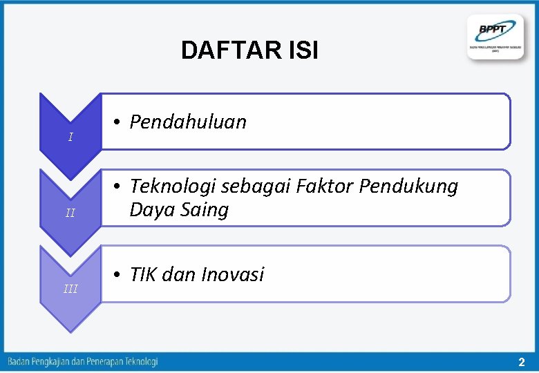 DAFTAR ISI I II III • Pendahuluan • Teknologi sebagai Faktor Pendukung Daya Saing