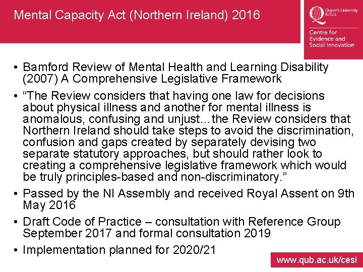 Mental Capacity Act (Northern Ireland) 2016 • Bamford Review of Mental Health and Learning