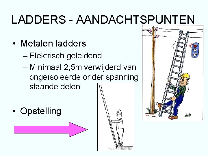 LADDERS - AANDACHTSPUNTEN • Metalen ladders – Elektrisch geleidend – Minimaal 2, 5 m