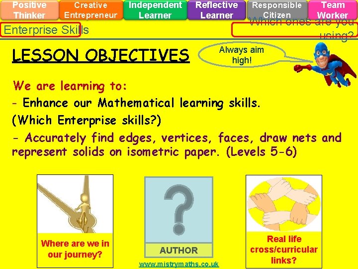 Positive Thinker Creative Entrepreneur Independent Learner Reflective Learner Enterprise Skills LESSON OBJECTIVES Responsible Citizen