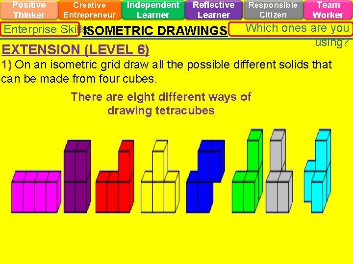 Positive Thinker Creative Entrepreneur Independent Learner Reflective Learner Enterprise Skills. ISOMETRIC DRAWINGS EXTENSION (LEVEL