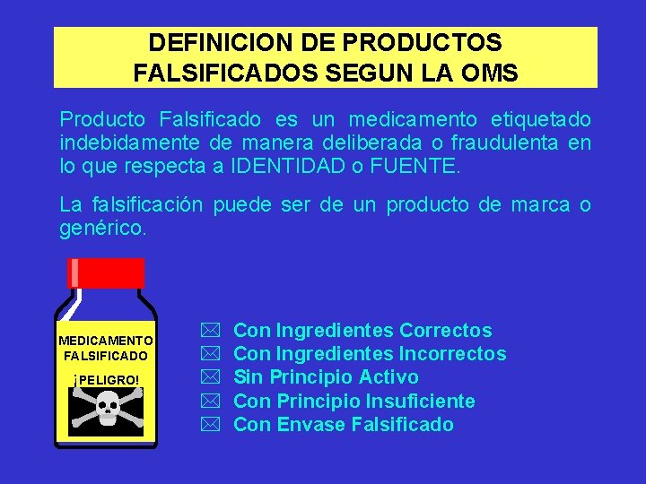 DEFINICION DE PRODUCTOS FALSIFICADOS SEGUN LA OMS Producto Falsificado es un medicamento etiquetado indebidamente