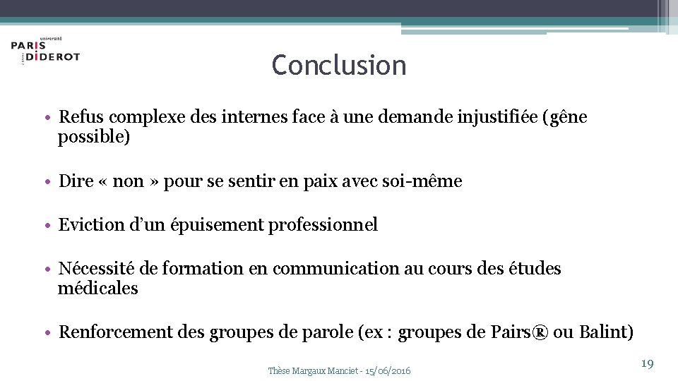 Conclusion • Refus complexe des internes face à une demande injustifiée (gêne possible) •