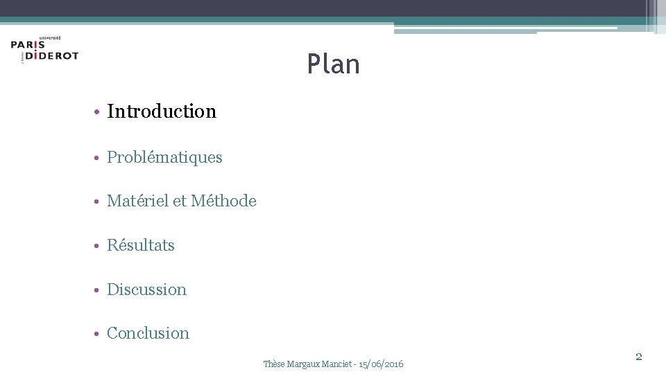 Plan • Introduction • Problématiques • Matériel et Méthode • Résultats • Discussion •