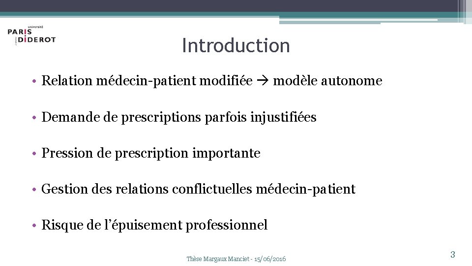 Introduction • Relation médecin-patient modifiée modèle autonome • Demande de prescriptions parfois injustifiées •