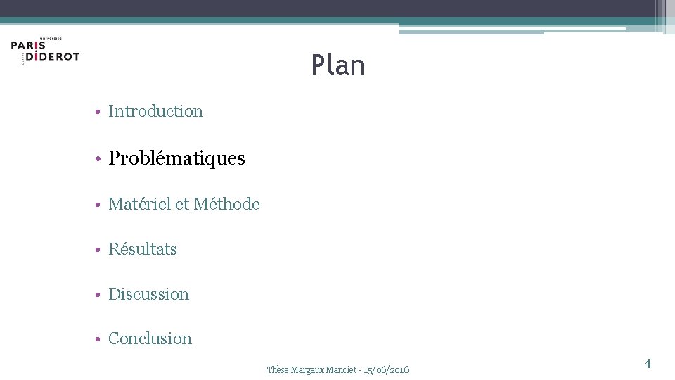 Plan • Introduction • Problématiques • Matériel et Méthode • Résultats • Discussion •