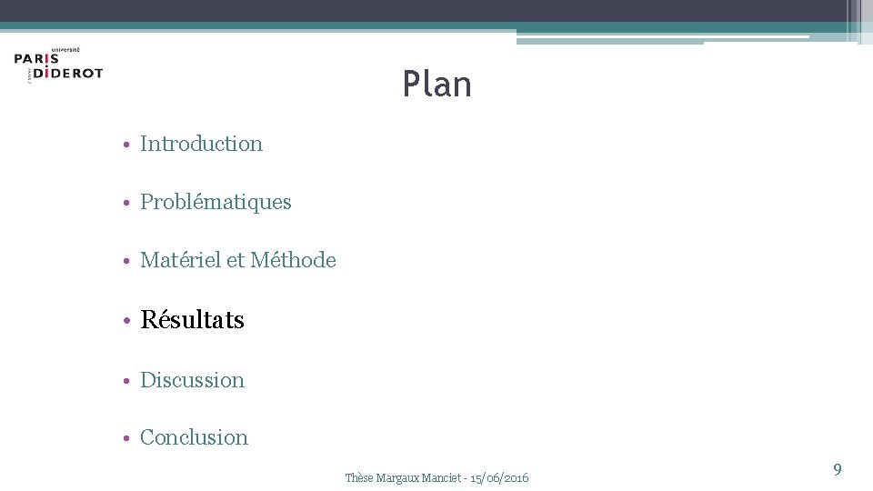 Plan • Introduction • Problématiques • Matériel et Méthode • Résultats • Discussion •