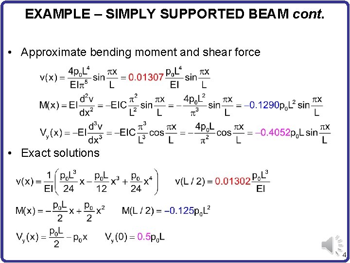 EXAMPLE – SIMPLY SUPPORTED BEAM cont. • Approximate bending moment and shear force •