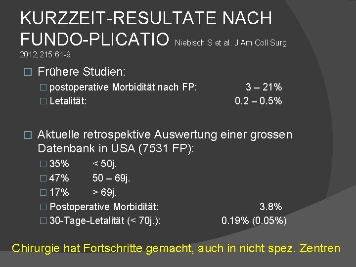 KURZZEIT-RESULTATE NACH FUNDO-PLICATIO Niebisch S et al. J Am Coll Surg 2012; 215: 61