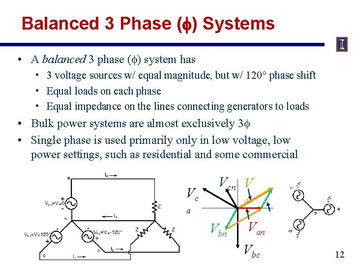 Balanced 3 Phase ( ) Systems • A balanced 3 phase ( ) system