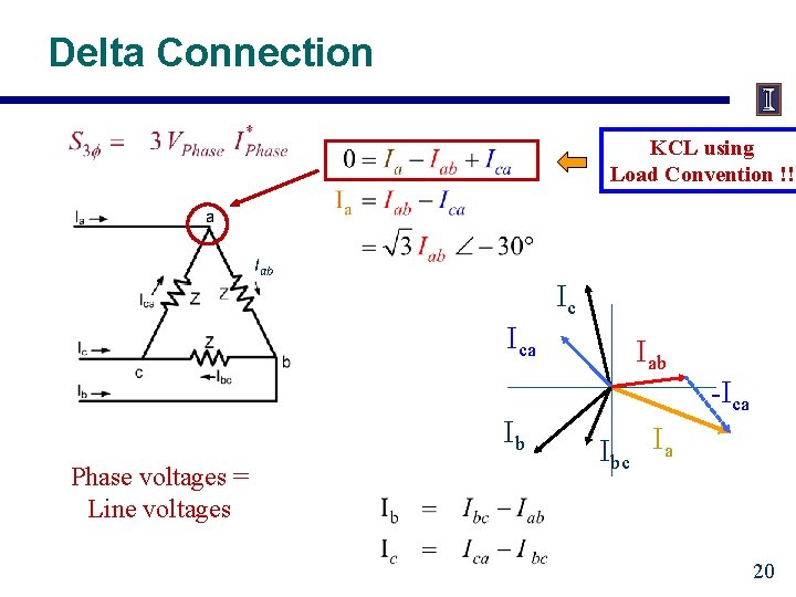 Delta Connection KCL using Load Convention !! Iab Ic Ica Iab -Ica Ib Phase