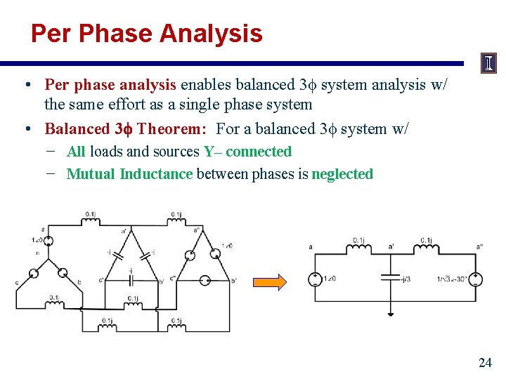 Per Phase Analysis • Per phase analysis enables balanced 3 system analysis w/ the