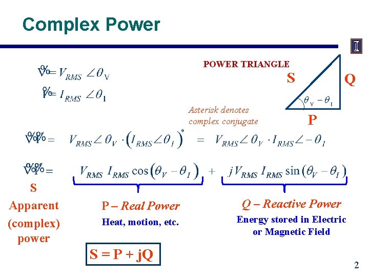 Complex Power POWER TRIANGLE S Asterisk denotes complex conjugate S Apparent (complex) power Q