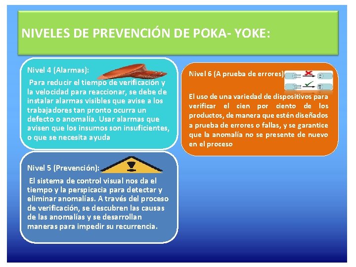 NIVELES DE PREVENCIÓN DE POKA- YOKE: Nivel 4 (Alarmas): Para reducir el tiempo de