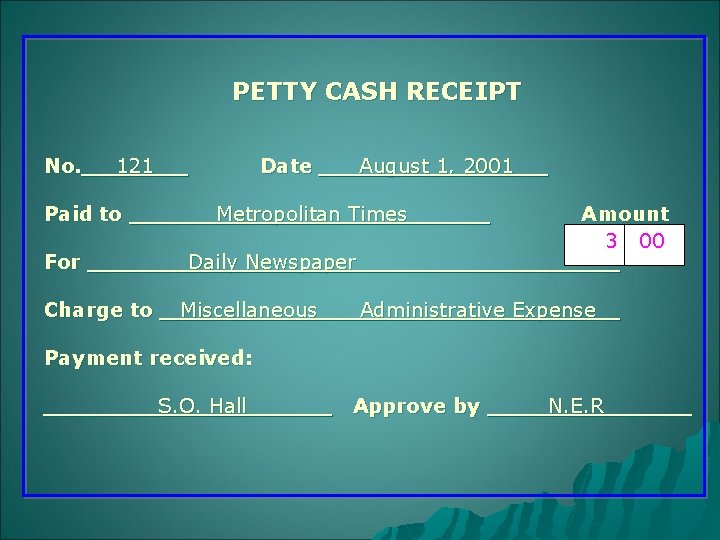 PETTY CASH RECEIPT No. 121 Paid to For Charge to Date August 1, 2001