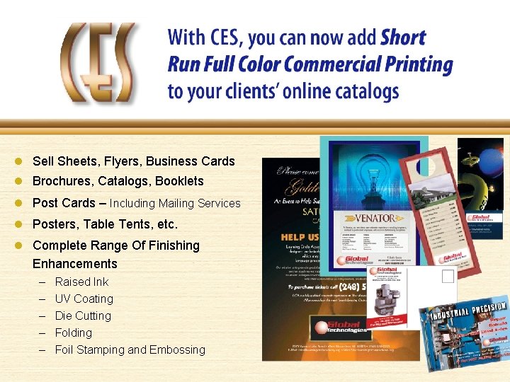 l Sell Sheets, Flyers, Business Cards l Brochures, Catalogs, Booklets l Post Cards –