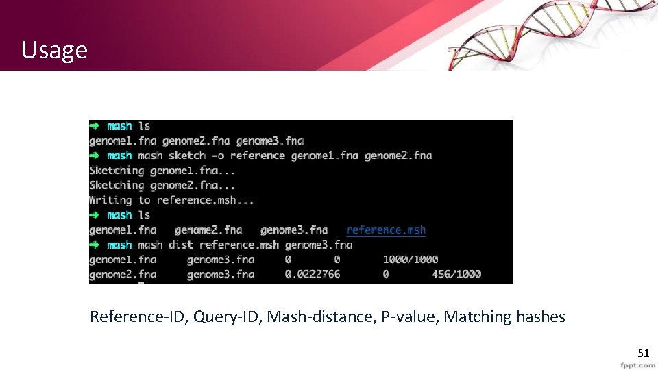 Usage Reference-ID, Query-ID, Mash-distance, P-value, Matching hashes 51 