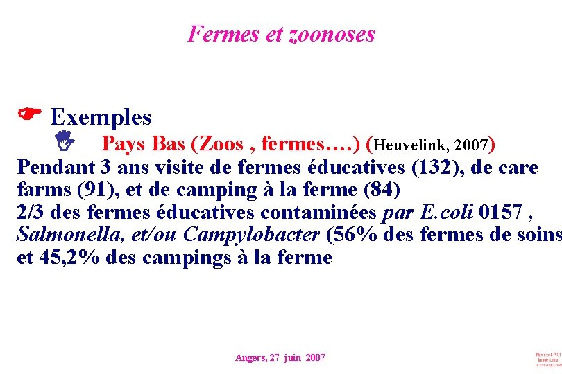 Fermes et zoonoses Exemples Pays Bas (Zoos , fermes…. ) (Heuvelink, 2007) Pendant 3