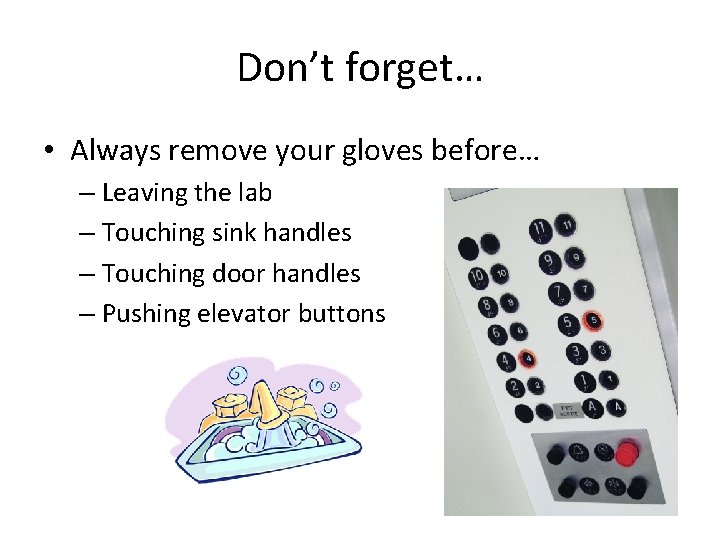 Don’t forget… • Always remove your gloves before… – Leaving the lab – Touching