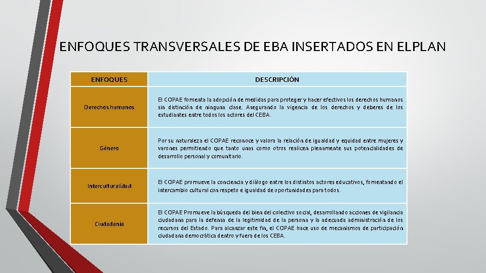 ENFOQUES TRANSVERSALES DE EBA INSERTADOS EN ELPLAN ENFOQUES DESCRIPCIÓN Derechos humanos El COPAE fomenta