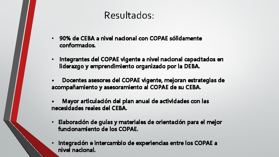 Resultados: • 90% de CEBA a nivel nacional con COPAE sólidamente conformados. • Integrantes