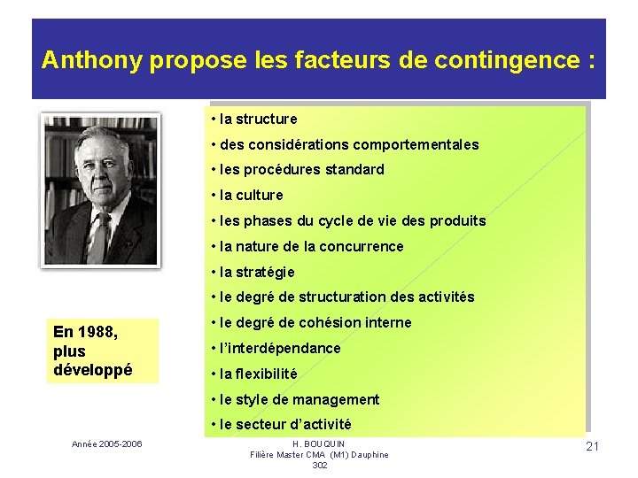 Anthony propose les facteurs de contingence : • la structure • des considérations comportementales